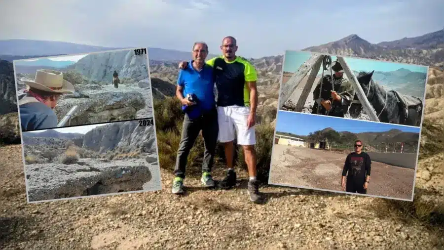 Mero García: el sorprendente cocinero que ha localizado 37 escenarios reales de western en Almeria y Granada 1 Mero García y Antonio en el desierto de Tabernas durante una ruta de localizacion de escenarios de western