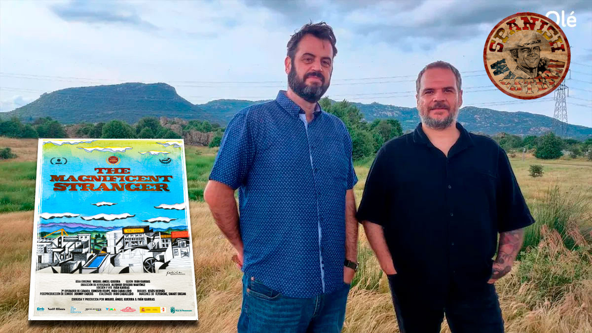 Los directores Miguel Ángel Guerra e Iván Karras junto al cartel de The Magnificent Stranger y el logo de FlixOlé